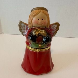 Greenbrier Intl Porcelain Christmas Angel in Red w/Wreath, Trinket Box  *READ